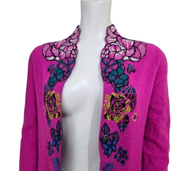 Ivko Cardigan Longer Sweater Size 36/S Superfine Merino Wool Floral Pink Fuchsia - Picture 4 of 16
